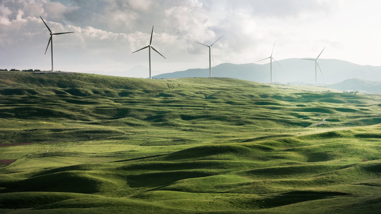 Wide Dutch landscape with wind turbines on the horizon